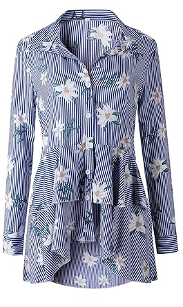 Langarm Rüschensaum Volant Rüschen Saum Hoch Niedrig Saum Unregelmäßige Saum Knopfleiste Vorne Gestreiftes Geblümt Bluse Hemd