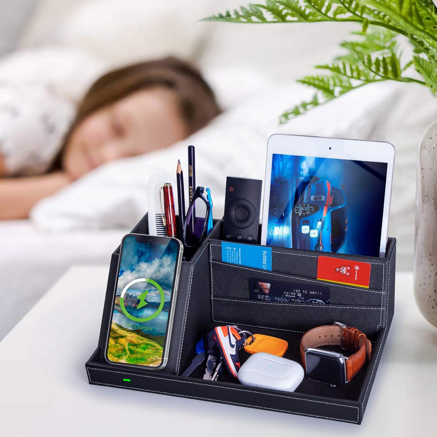 Desk Organizer with Charging Station, Multifunctional Desktop Organizer All in One Office Supplies and Desk Accessories Organizer with 4 Compartments and 1 Phone Stand for Home & Office -Black: Home Improvement