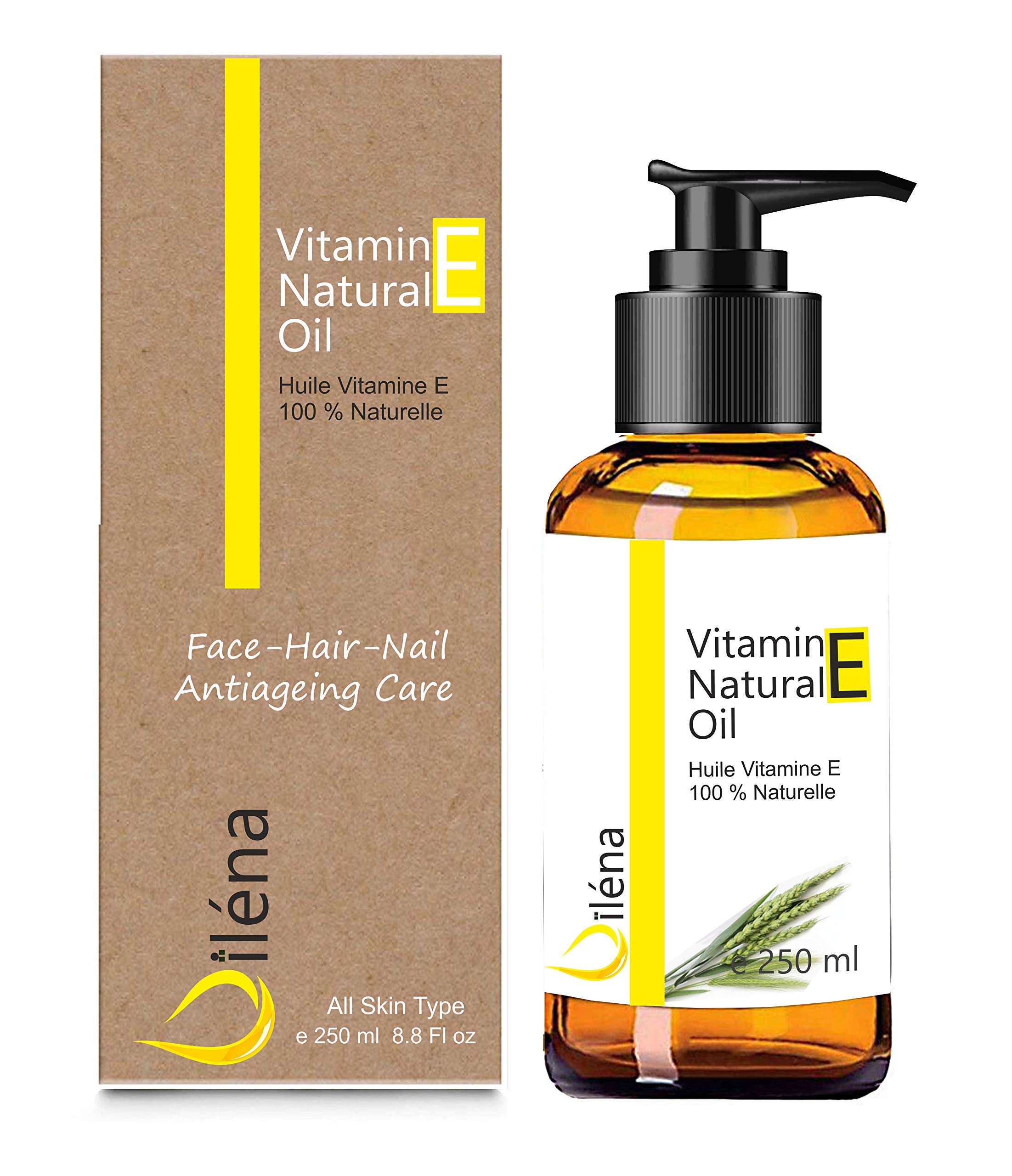 Vitamin E Oil (tocopherol) 100% natural Vegan, Anti Aging Face Care, Waterproof make-up remover, Body and Hair, Nails and Cuticles, Repairing Moisturizer for Hands (250 ml)
