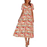 Okiwam Womens Summer Dresses 2026 Spring Floral Maxi Sundress Puff Sleeve Smocked Flowy Beach Vacation Wedding Guest Dress