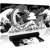 Wave Sea Dragon Gaming Mouse Pad Large Desk Mat Extended Black Keyboard Mouse Pad Gaming Mousepad with Non-Slip Base Stitched Edge Anime Mouse Mat Desk Pad 31.5 X 11.8 Mouse Pads for Desk Home Office
