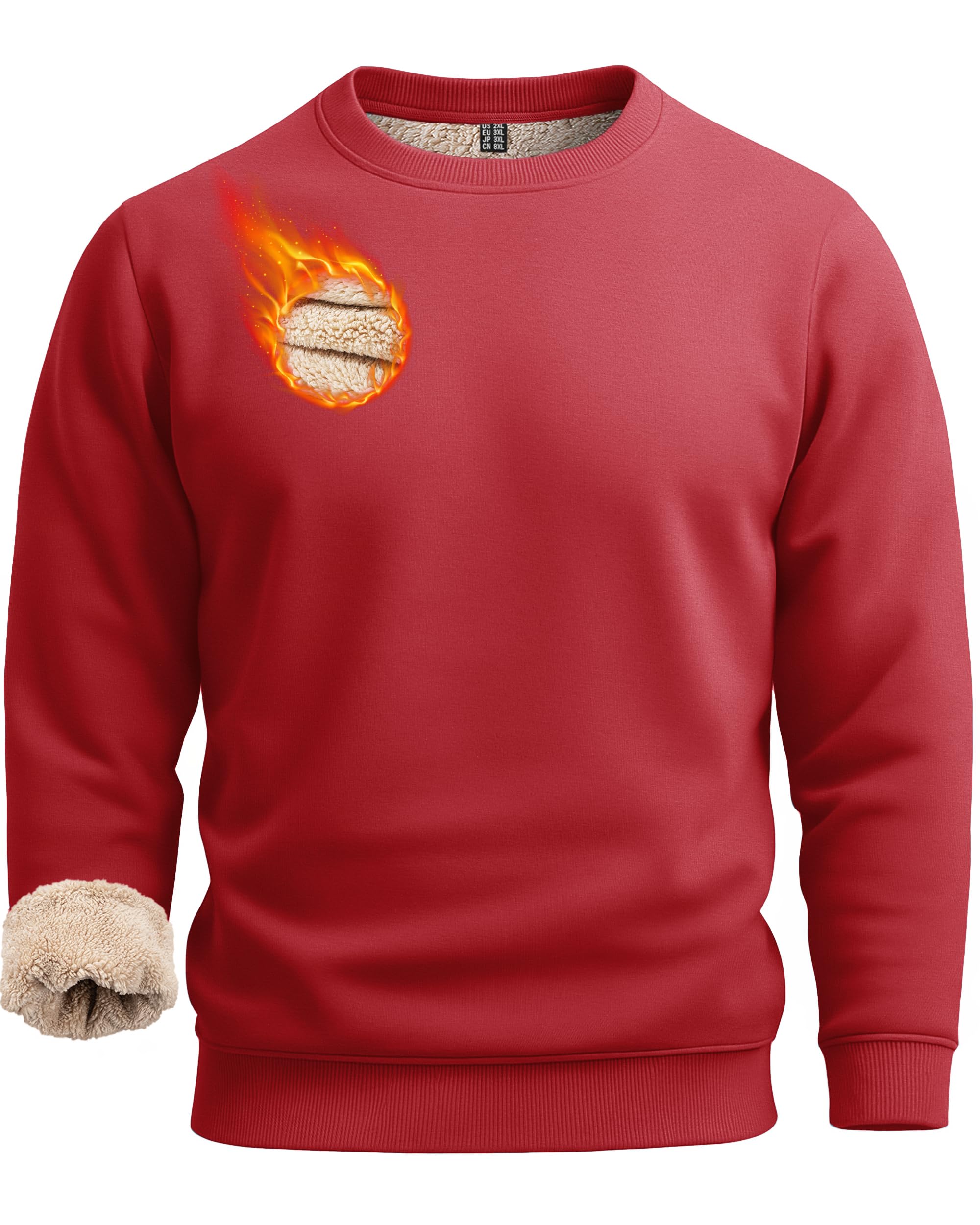 Boladeci Mens Crewneck Sweatshirts No Hood Sherpa Lined Heavy-weight Thick Thermal Long Sleeve Fleece Pullover Red Cotton Warm Winter Cold Weather Insulated Top Image