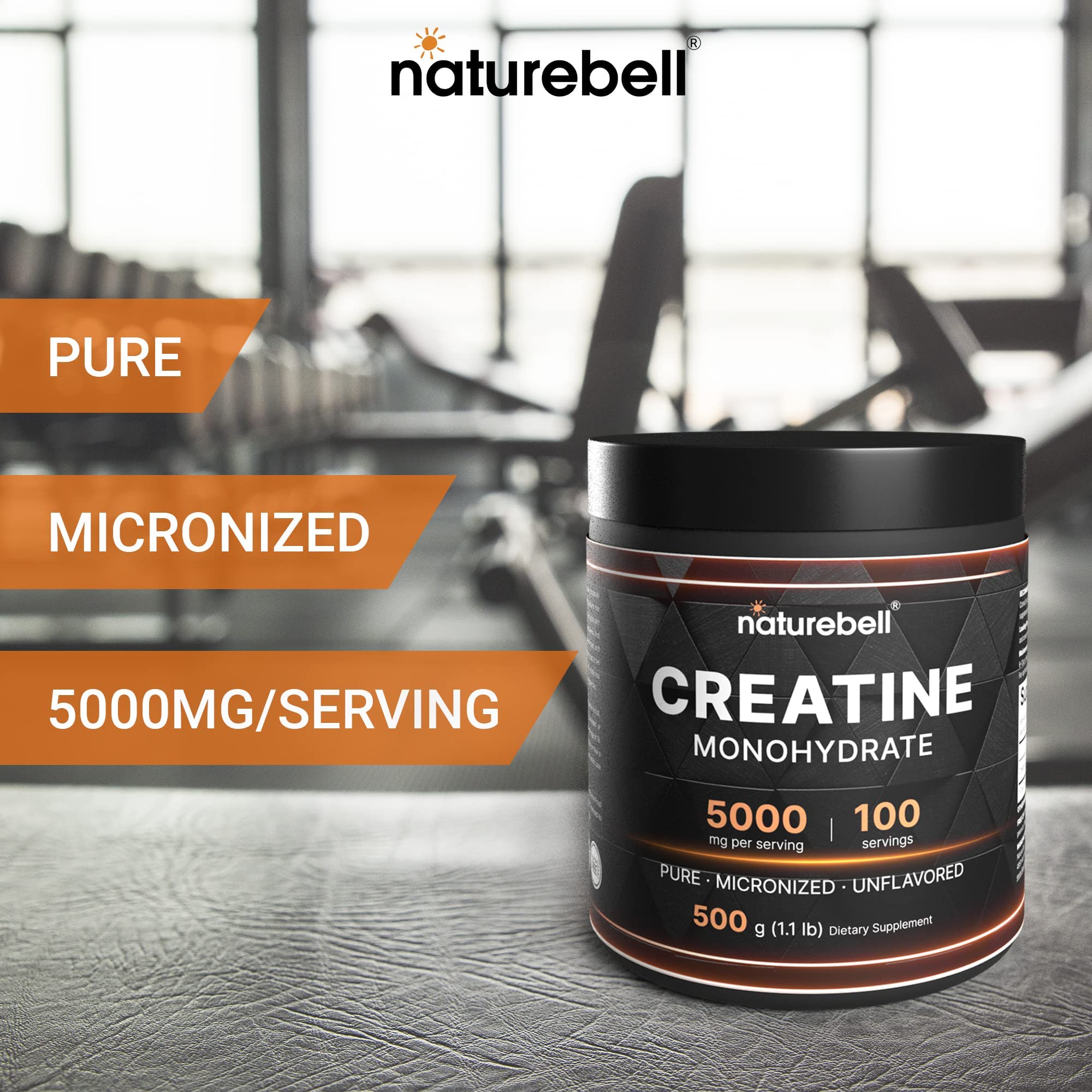 NatureBell Creatine Monohydrate Powder 500g, 5,000mg Per Serving | Micronized, Pure & Unflavored | Pre-Workout Muscle Support | Keto, Vegan, Filler-Free | 100 Servings (1.1 lb)