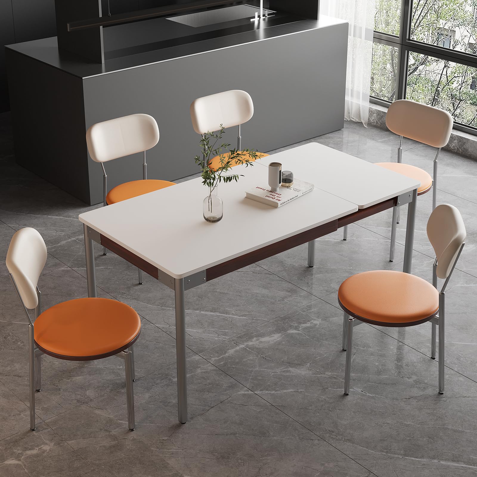 Photo 1 of mollveesen Modern Expandable Dining Table?Rectangular Kitchen Wooden Table with Stainless Steel Legs for Dinner Small Spaces? Space-Saving Foldable Table