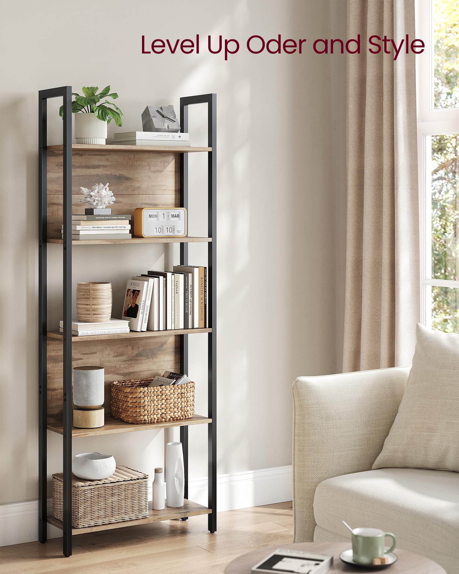 VASAGLE 5-Tier Bookshelf, Book Shelf, Industrial Bookcase, with Steel Frame, for Living Room, Home Office, Bedroom, 9.4 x 24.4 x 65 Inches, Camel Brown and Black ULLS025B50