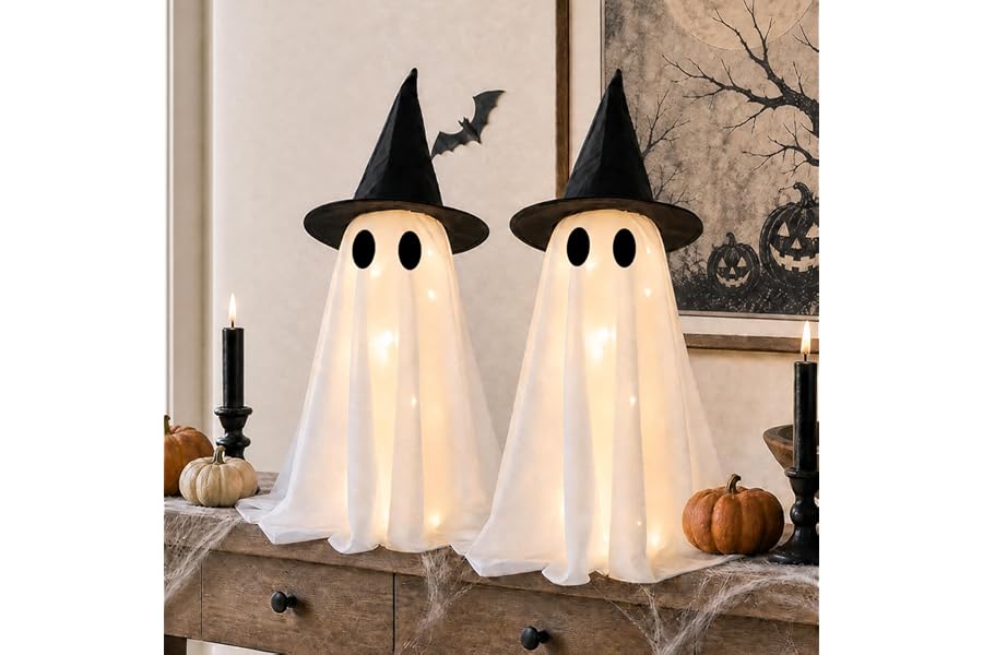 Halloween Decorations-Set of 2 Light-Up Ghosts with Witch Hats, Ghost Table Centerpiece-Spooky Tabletop Decor for Mantel Dining Table Party Indoor Home Decor