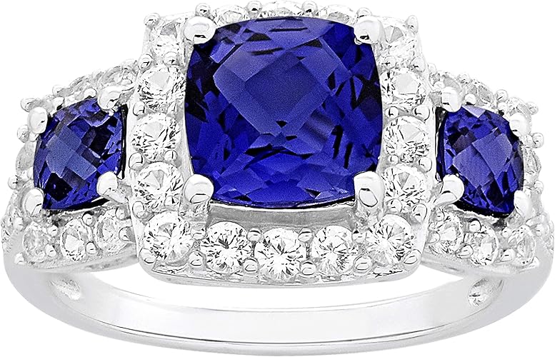 .925 Sterling Silver, Cushion Cut LabGrown Blue Sapphire & Round LabGrown White Sapphire Halo