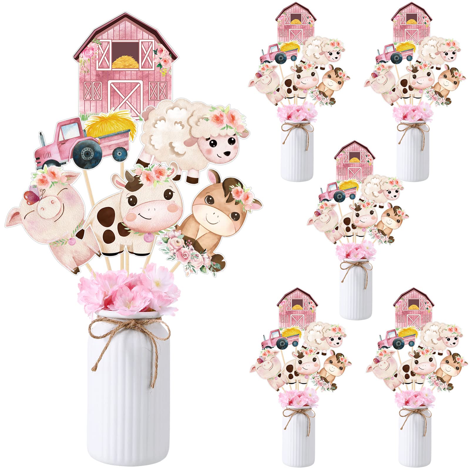 Photo 1 of 30 Pcs Floral Farm Animal Table Centerpiece Toppers Sticks Farm Birthday Party Decor Supplies for Girls Animal Theme Birthday Party Decor Table Topper Photo Booth Props