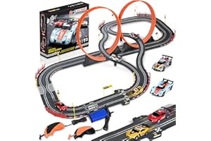 RIANEAN Slot Car Race Track Sets,2 in 1 Race Car Track with 4 High-Speed Slot Cars，Gift Toy for Boys Kids Ages 5 6 7 8-12,Dual Power (Source) Cars Track,Dual Racing Game Lap Counter Circular Overpass Track