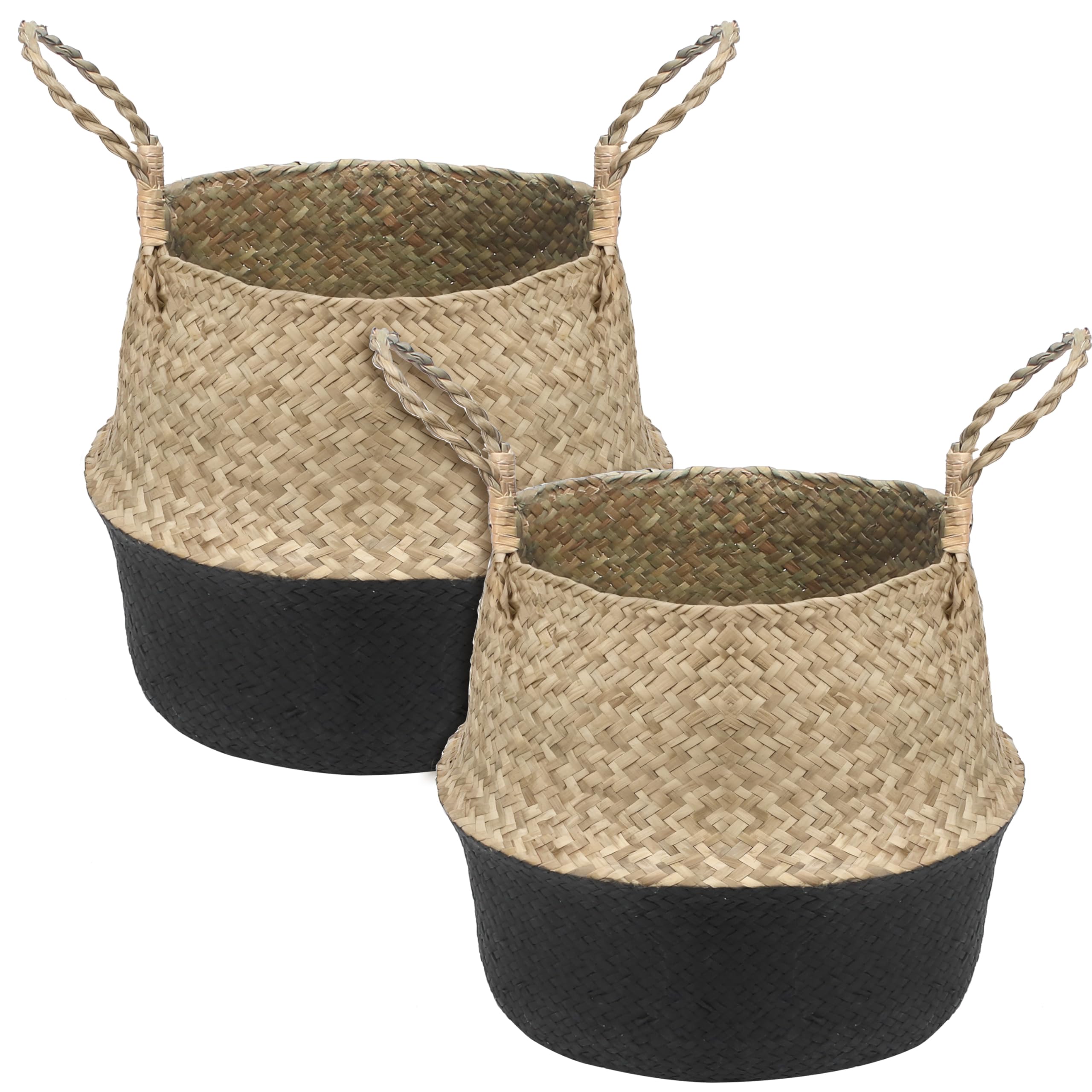 Photo 1 of 2Pcs Basket for Plant Artificial Trees, 13x11 Inch Seagrass Wicker Pots, Woven Planter Set Eco-Friendly Round Boho Holder Base with Handles for Home Decor Indoor Storage Solution, Black Bottom Pattern