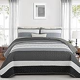Dinjoy Black White Striped King Size Quilt Set,Boho King Quilt Bedding Set Dark Grey Bedspreads Mens Micofiber 3 Pieces Farmhouse Quilts Patchwork Coverlet Bed Sets for Fall Winter