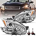 JSBOYAT Halogen Headlight Assembly Replacement for 2009-2014 Maxima 4-Door Sedan Projector Headlamp Driver and Passenger Side Chrome Housing with Amber Reflector (Bulbs Included)