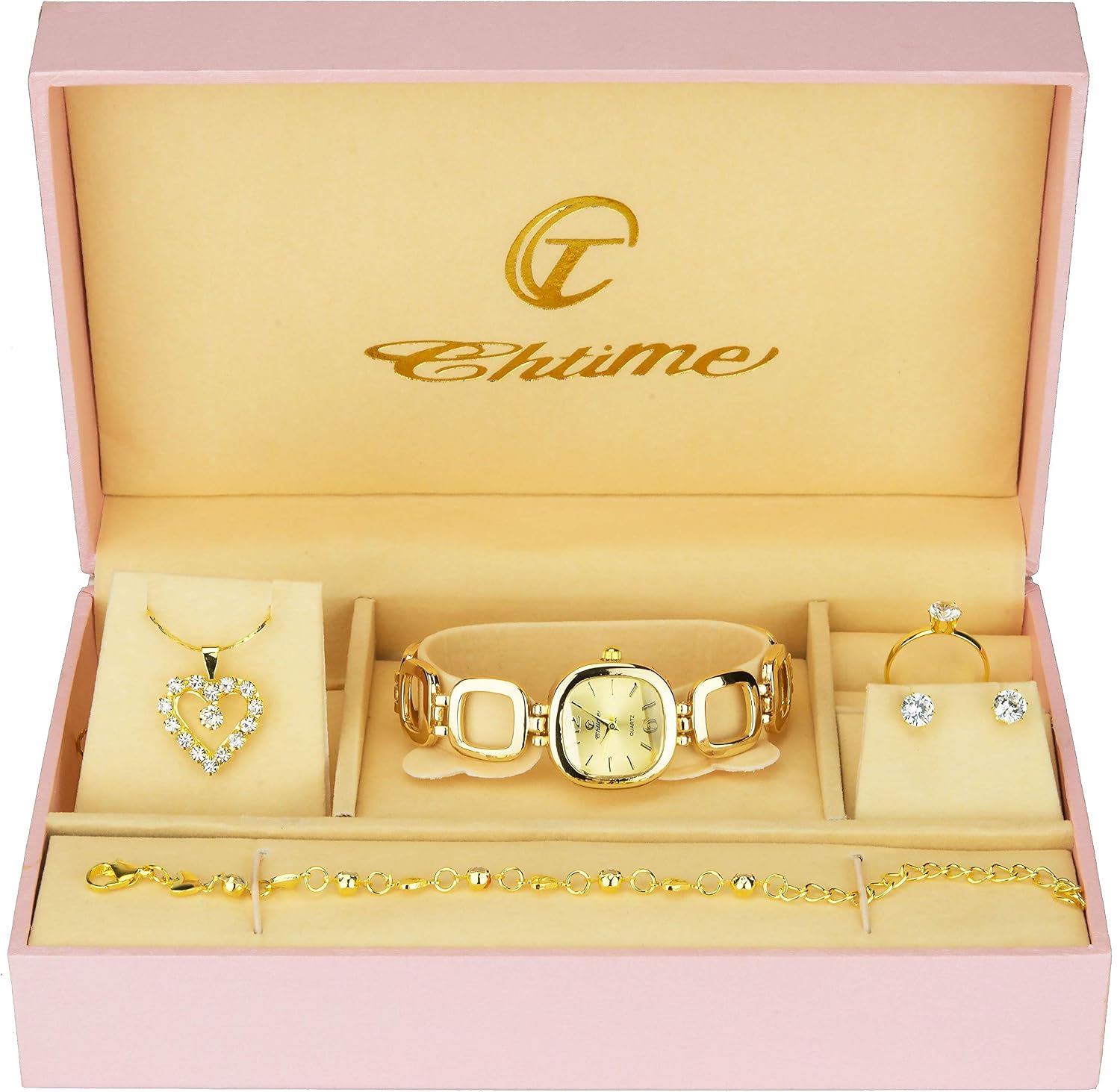 Gift Set Women's Watch - Jewelry Set- Necklace-Ring- Earrings - Band, Gold, 24