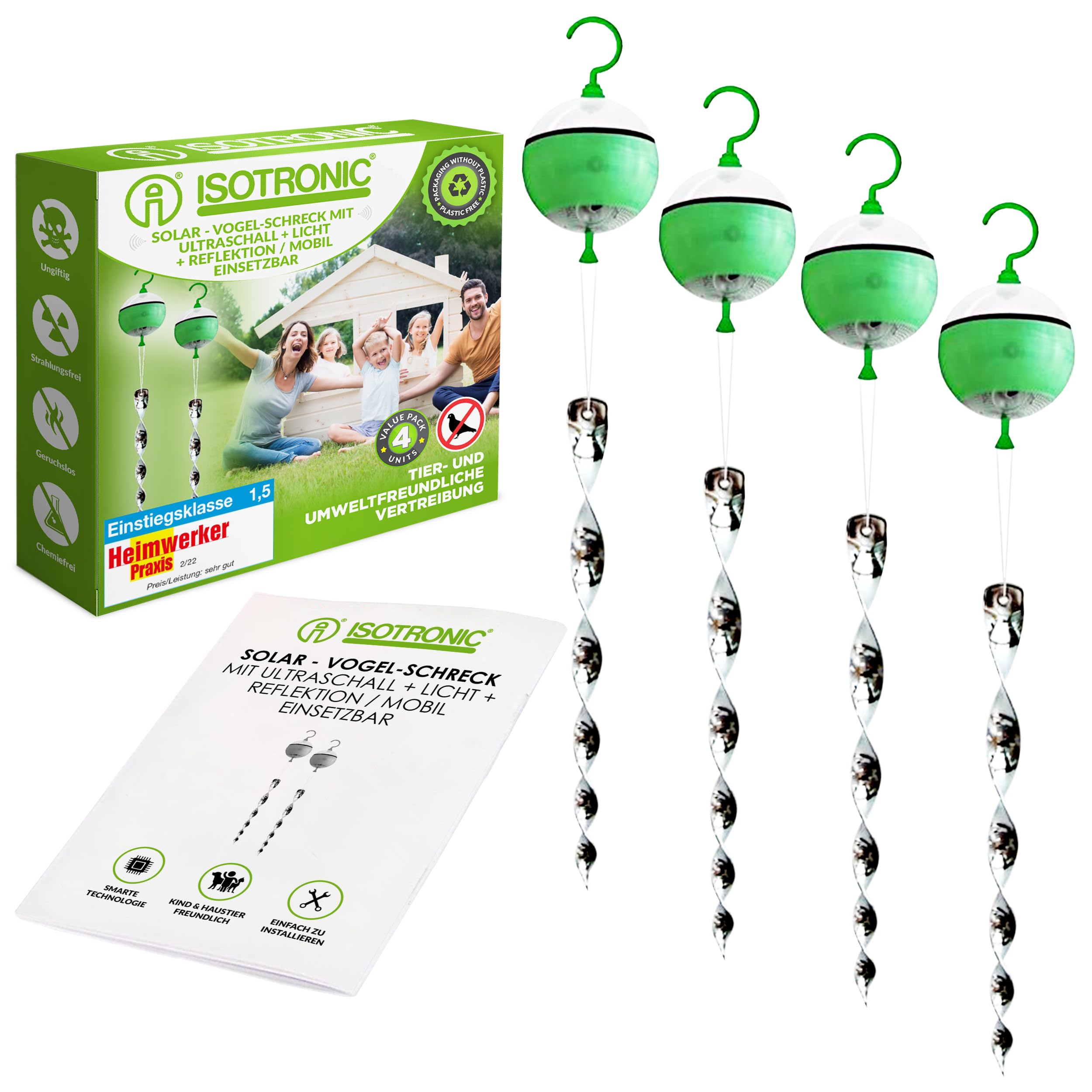 ISOTRONIC Solar Bird Repellent with 4-Way Effect by Motion, Ultrasound, Blue Light & Silver Reflectors - Bird Deterrent for Repelling Birds & Pigeons - Pigeon Repellent for Balcony & Garden (Pack of 4