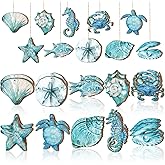 Purpeak 30 Pcs Summer Ocean Animals Ornaments Summer Ornaments for Tree Wooden Beach Hanging Decorations Ocean Themed Decoration with String Wooden Slices for Home Small Tree Party