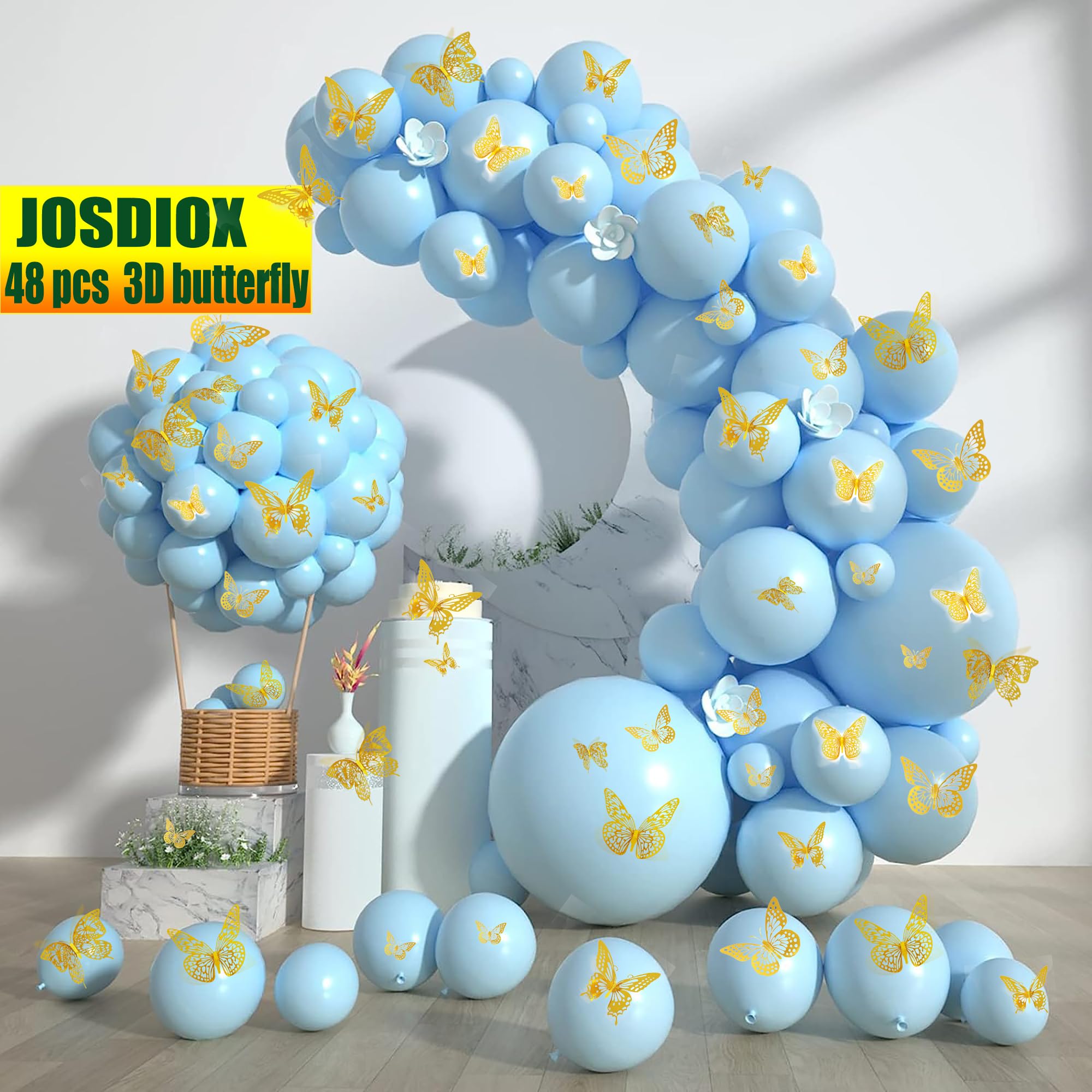 JOSDIOX 3D Butterfly Wall Decor Sticker -48 Pcs, 4 Styles, 3 Sizes Gold Butterflies Decoration for Party, Birthday & Wedding Celebrations, Cake Decorating, Balloons, Removable Stickers.