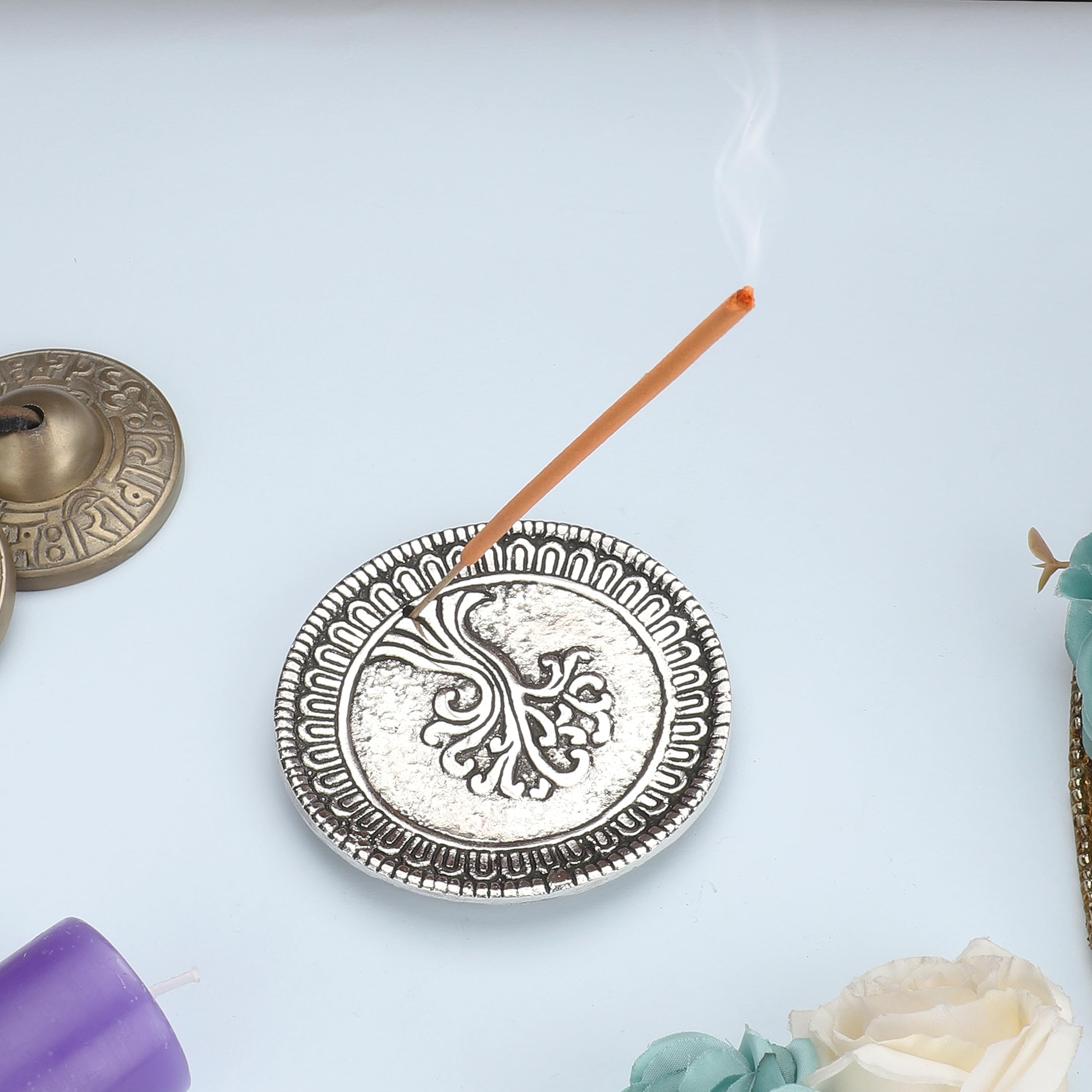 Ajuny Aluminum Round Incense Stick Holder Burner with Ash Catcher, Tibetan Flower Design Silver Incense Holder for Sticks, Meditation Yoga Spiritual Home Decor Gift, 8 cm