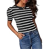 HAEOF Women's Striped Puff Short Sleeve Spring Tops 2026 Summer T Shirts Lightweight Sweater Dressy Casual Cute Work Blouses