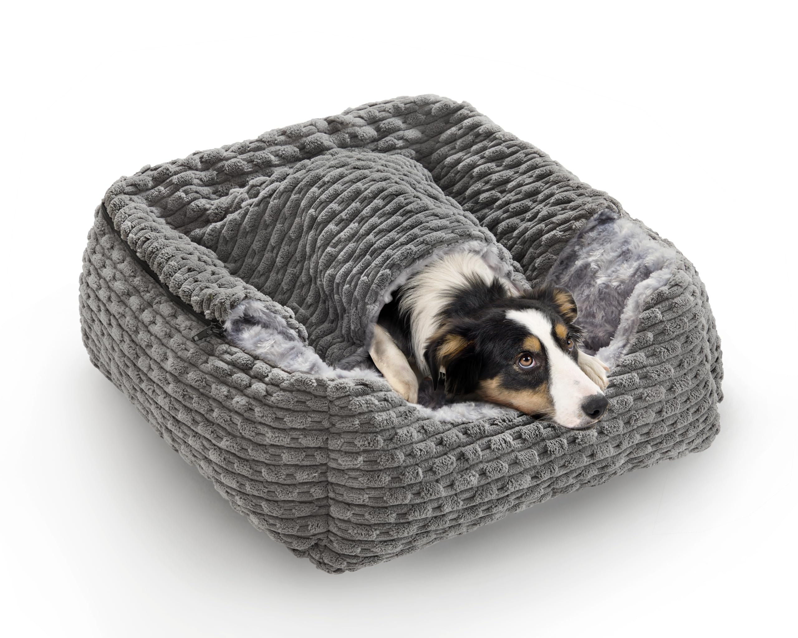 Heymamba Dog Cave Bed Machine Washable, Dog Bed Medium Fill with Fiber Cotton to Support Neck&Head, Zipper Disassembly Hooded Bed fit 14-18kg Medium French Bulldog, 66x55x21cm