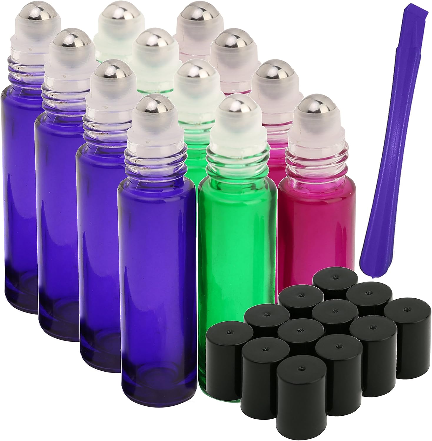 JamHoo 12Pcs, 10ml Glass Roller Bottles with Stainless Steel Roller Ball - Refillable Essential Oil Roll on Bottles with Lid Opener Pry Tool, Great for Aromatherapy, Perfumes and Lip Balms