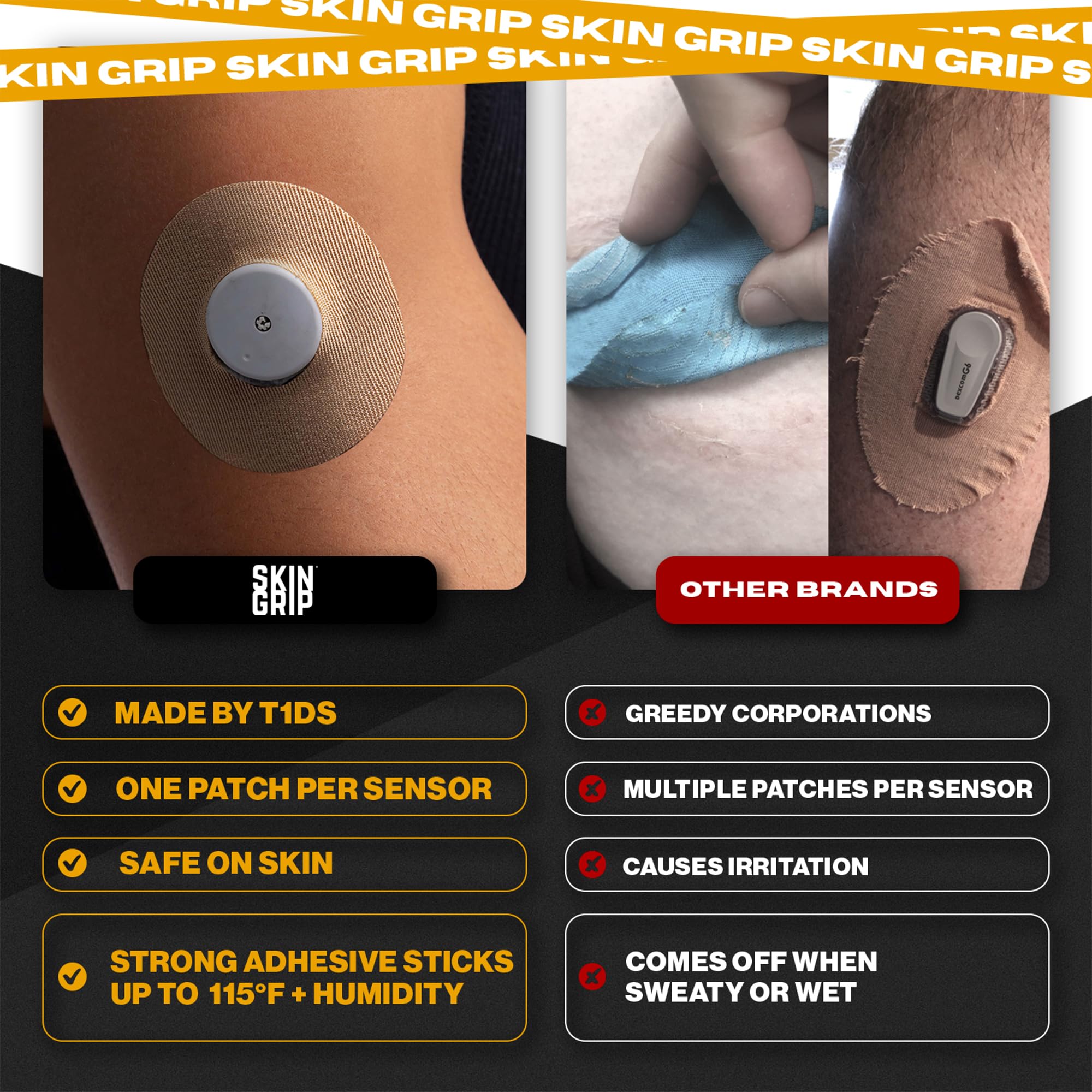 Skin Grip Freestyle Libre 2 & Lingo Sensors Cover – Compatible with Infusion Sets, Waterproof Adhesive Tape, Covers w/Cutout (Not for Libre3), Lasts 10-15 Days, CGM Sensor Patches, Tan