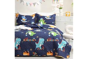 JSD Dinosaur Kids Quilt Set Full/Queen, 3 Piece Printed Bedspreads Coverlet with Pillow Sham, Lightweight Winter Quilted Blanket