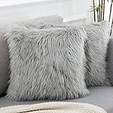WLNUI Set of 2 Decorative Light Gray Fluffy Pillow Covers New Luxury Series Merino Style Faux Fur Throw Pillow Covers…
