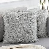 WLNUI Set of 2 Light Grey Decorative Fluffy Pillow Covers New Luxury Series Merino Style Faux Fur Throw Pillow Covers Square Fuzzy Cushion Case Spring Easter Home Decor 20x20 Inch