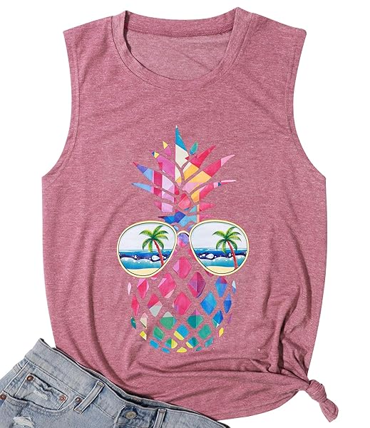 ASTANFY WOMEN PINEAPPLE SUNGLASSES BEACH TANK TOPS FUNNY GRAPHIC VEST CASUAL SUMMER SLEEVELESS TEE SHIRTS (PINK, MEDIUM)