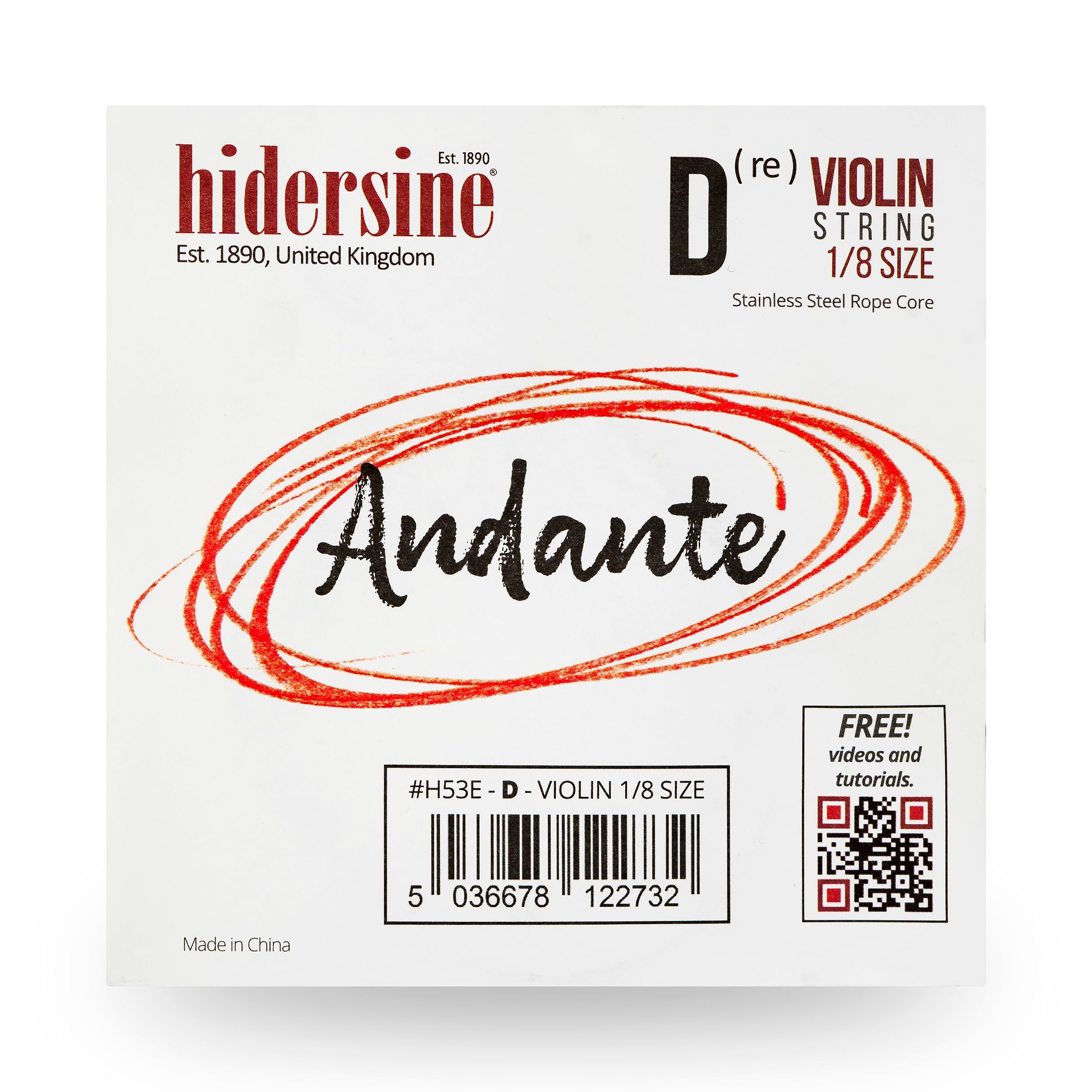 Hidersine Andante SINGLE D String for Violin 1/8 size. - Steel Rope Core string feels easy to play. - Great tone and great value. - Perfect for Students with eighth sized violins.