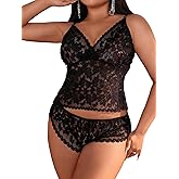Milumia Women's Plus Size 2 Piece Lingerie Set Sexy Lace Mesh Cami Bralette and Panty Sets Sleepwear