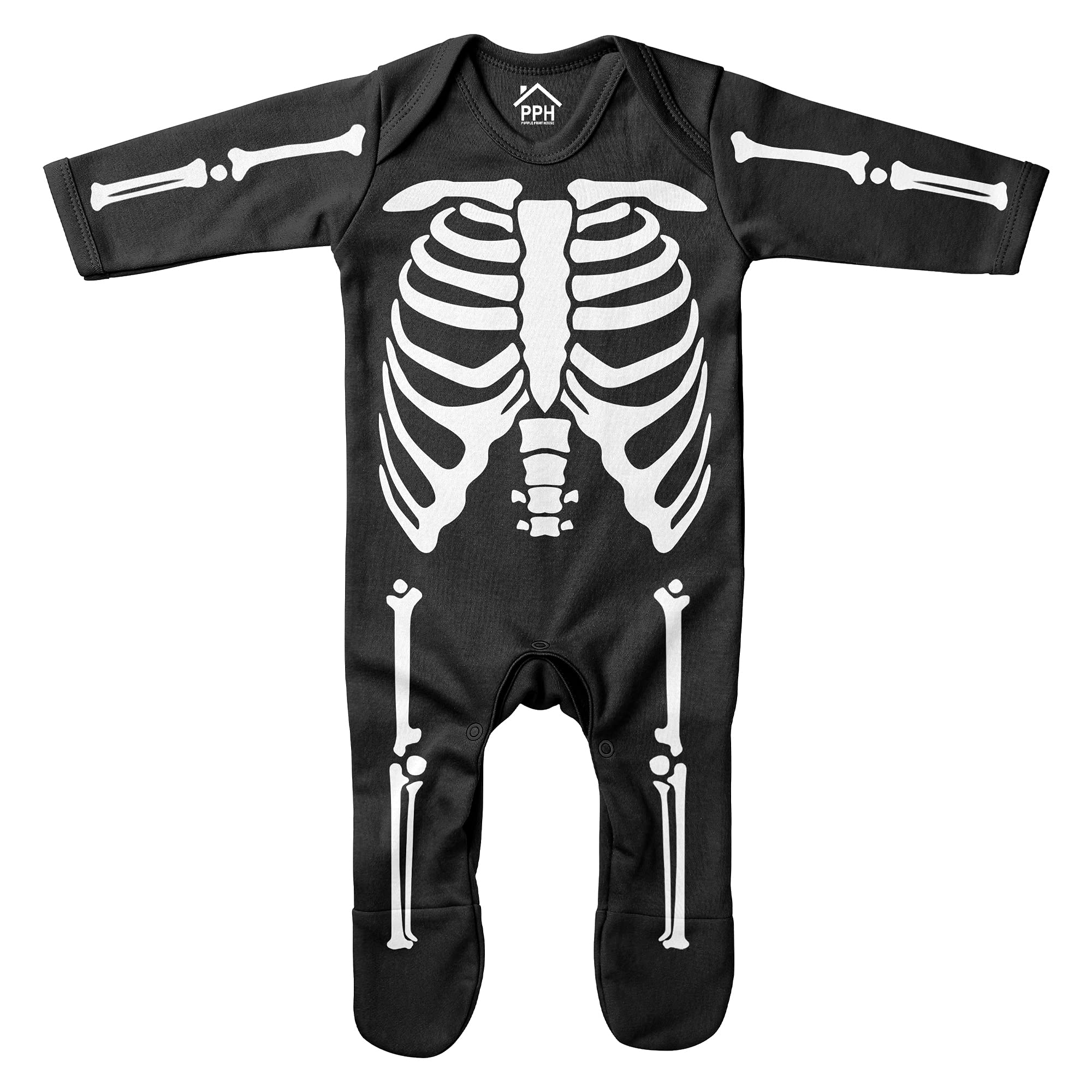 Purple Print House Full Body Skeleton Costume Baby Romper Suit, Fancy Dress for Baby Boys and Girls, Unique and Trendy Halloween Costume Idea, Trick Or Treat Outfit Gift, 0-3 Months, Black