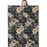 Mniedc Vintage Lily Floral Blanket, Elegant Botanical Flannel Throw Blankets, 50"x60", Soft Warm Lightweight Fuzzy Cozy Throws for Couch Bed Sofa Decorative Gifts for Women Flower Lover, Black