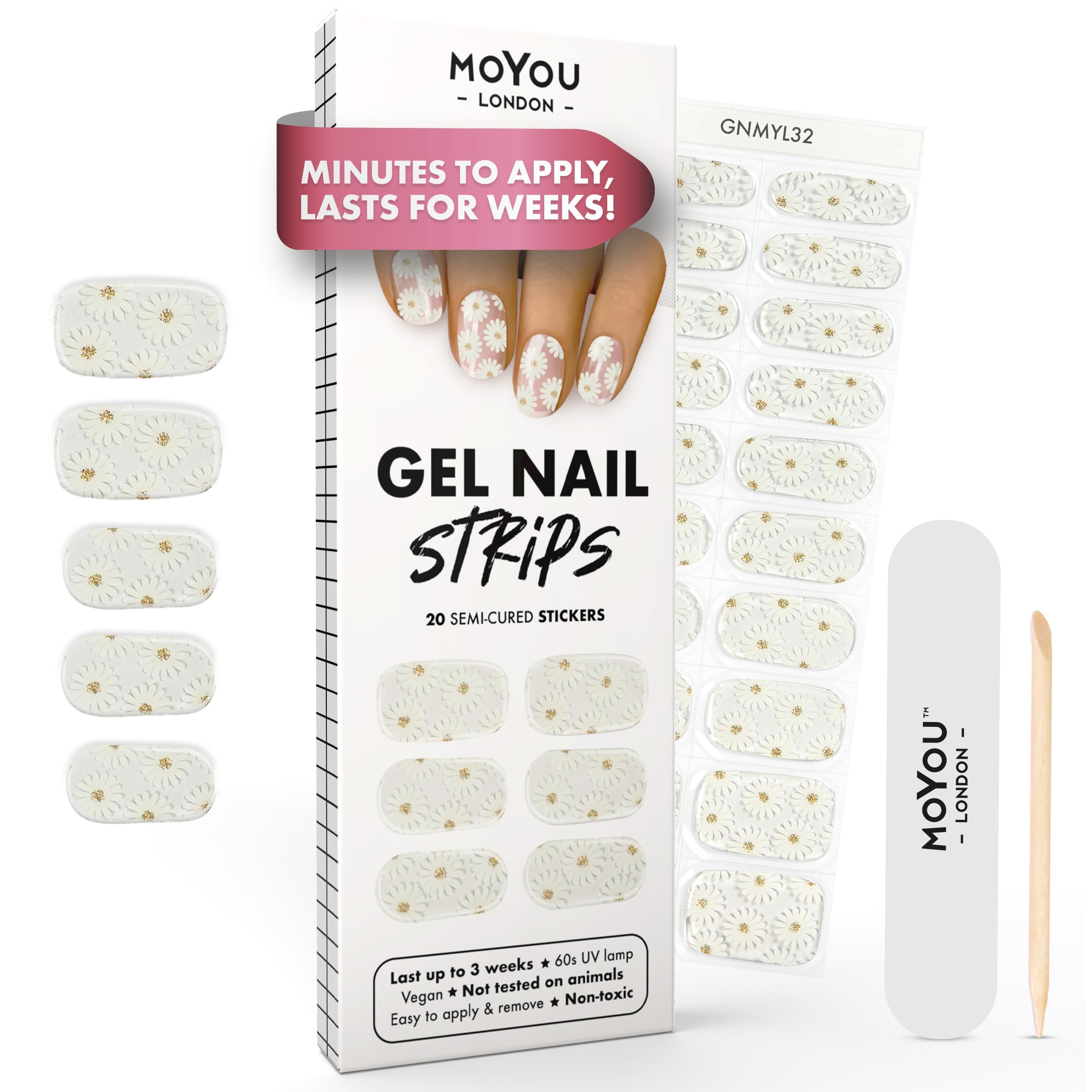 MOYOU LONDON Semi Cured Gel Nail Strips - 20 Pcs. Waterproof Gel Nail Wraps, Cures in Sunlight or UV/LED Lamp, Lasts Up to 2+ Weeks, Stretchable, Easy to Apply & Remove, Vegan & Cruelty-Free