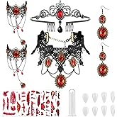 21 Pcs Halloween Gothic Vampire Costume Accessories Set Black Vampire Bat Red Stone Halloween Headband Necklace Bracelet Earrings Teeth Fangs Tattoo Scar for Women Dress up