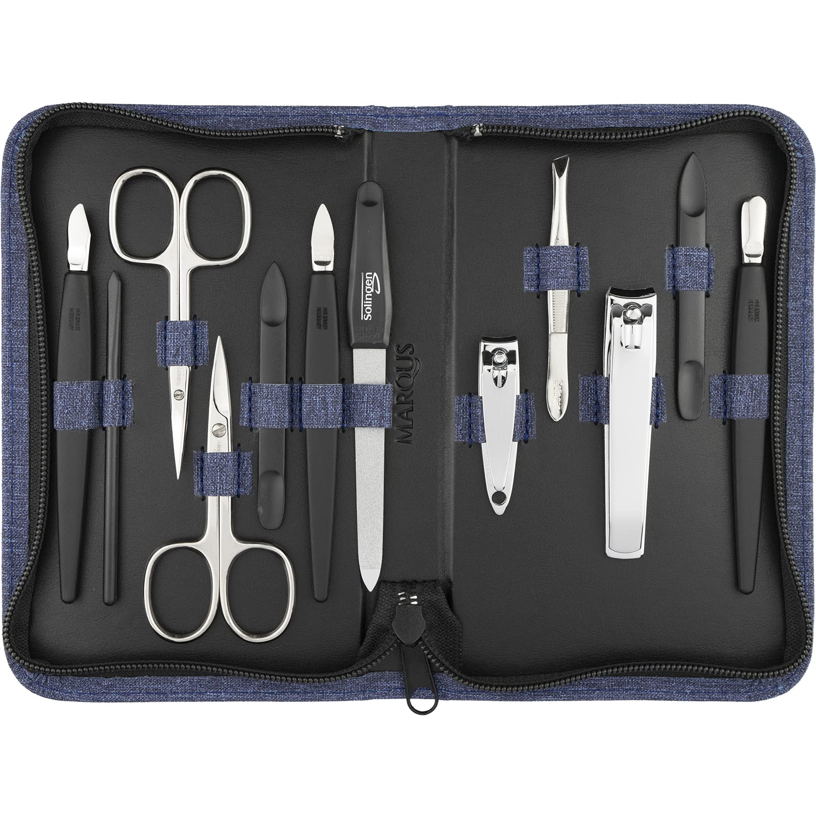 Solingen Manicure Set for Women and Men - 12 pcs kit - made in Germany incl. nailclippers & pedicure tools - Fashion leather case ideal for travelling, jeans
