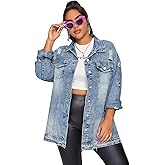 Floerns Women's Plus Size Ripped Distressed Long Sleeve Denim Jacket