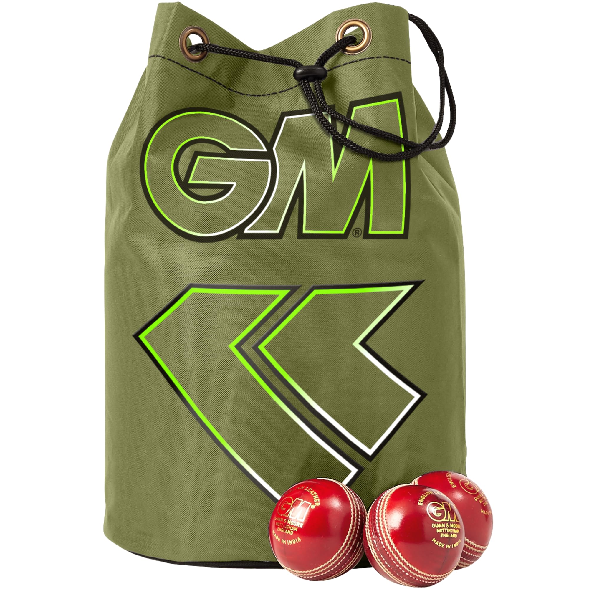 Gunn & Moore GM | Cricket Ball Bag Drawstring | Shoulder Straps | Khaki Apollo Green with GM Logo | 24 Ball Capacity