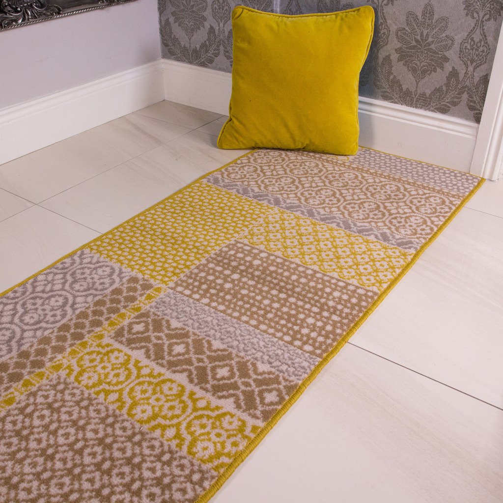 Milan Contemporary Traditional Ochre Yellow Mustard Grey Beige Patchwork Squares Pattern Design Hallway Entrance Runner Rug 60cm x 240cm
