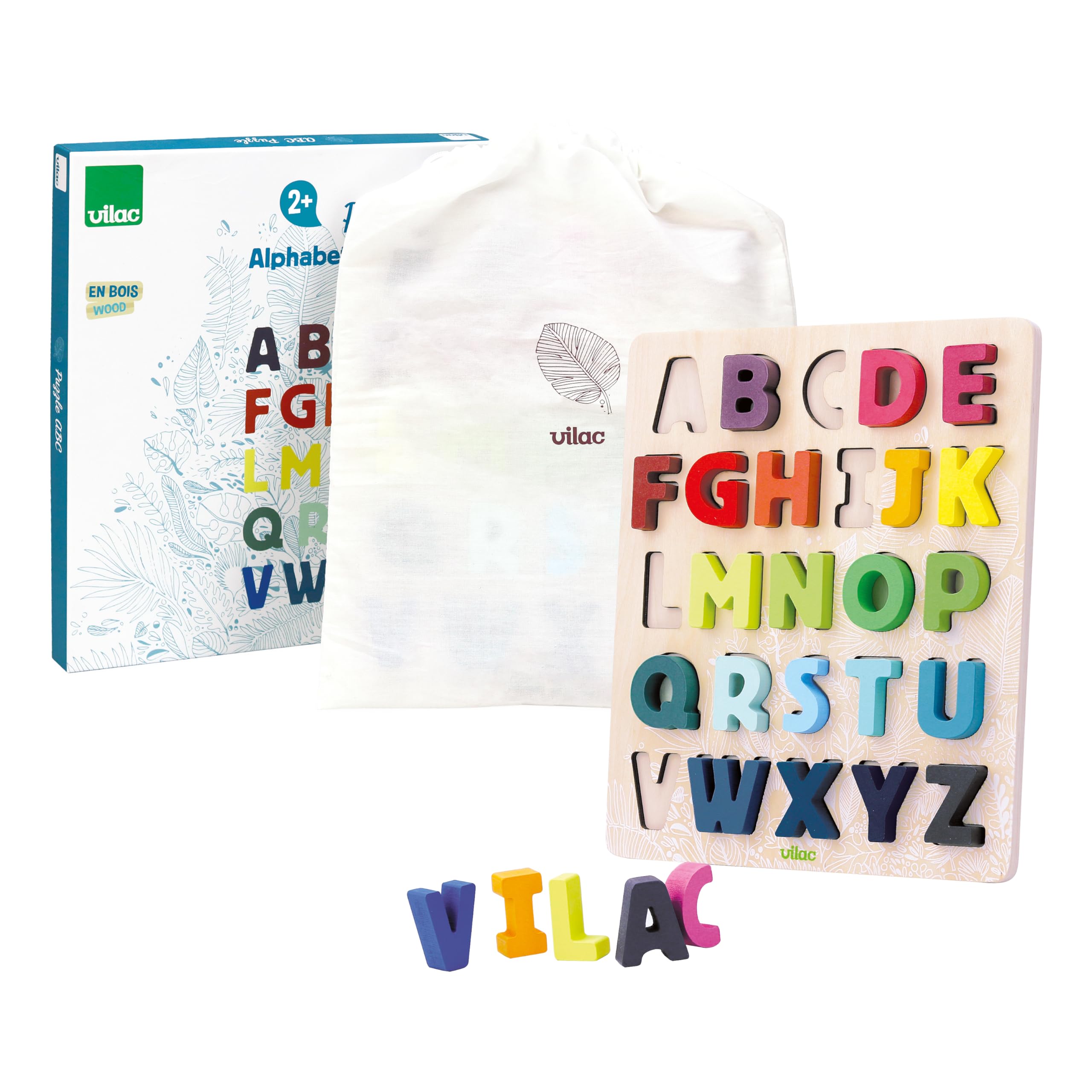Vilac Touch and Feel Alphabets Shape Wooden Puzzle, Includes 26 Wooden Letters, 1 Natural Wood Stand and 1 Fabric Storage Bag, From Under The Canopy Collection, 26 x 30 x 2 cm, 2 Years+
