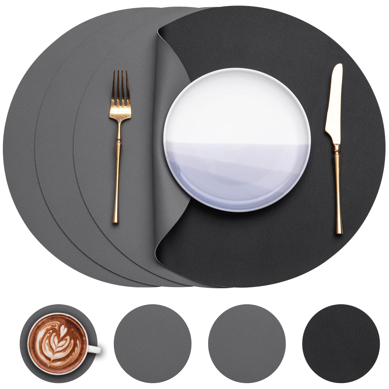 Myir JUN Round Table Placemats Set of 4 Faux Leather Place Mats and Coasters 15 inch Round Dual Sided Placemats Non-Slip Wipe Clean Stain Resistant (Gray Black,Set of 4)