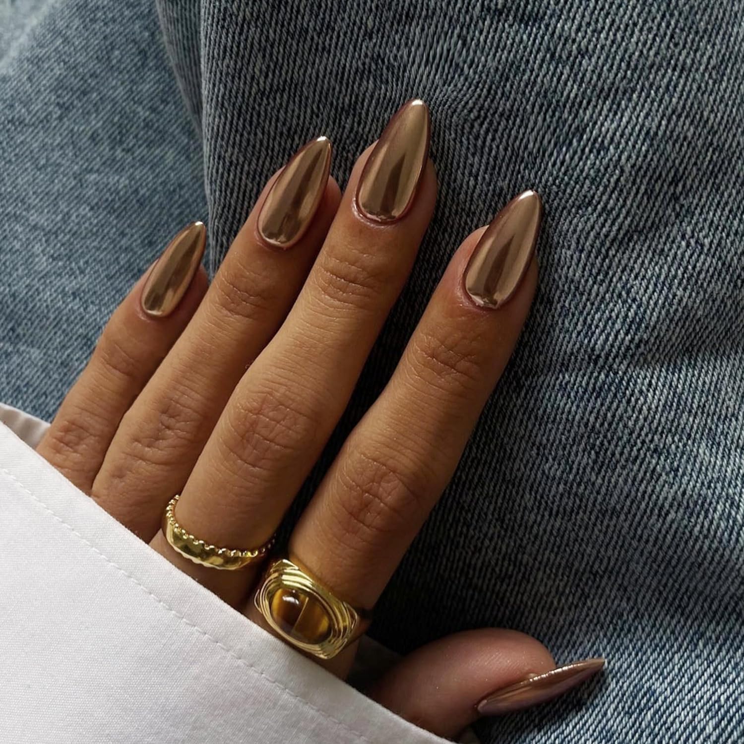 JUSTOTRY 24 Pcs Chrome Almond Press on Nails Short Designs,Glossy Gold Solid False Nails Oval,French Stick on Nails for Women and Teens,Metallic Fake Nail for Nail Art โ image 1