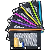 BAZIC Products Pencil Pouch 3 Ring Binder Pouch w/Rivet Enforced Rings Holes, Neon Black Color Mesh Window Zipper Pouches, 6-Pack