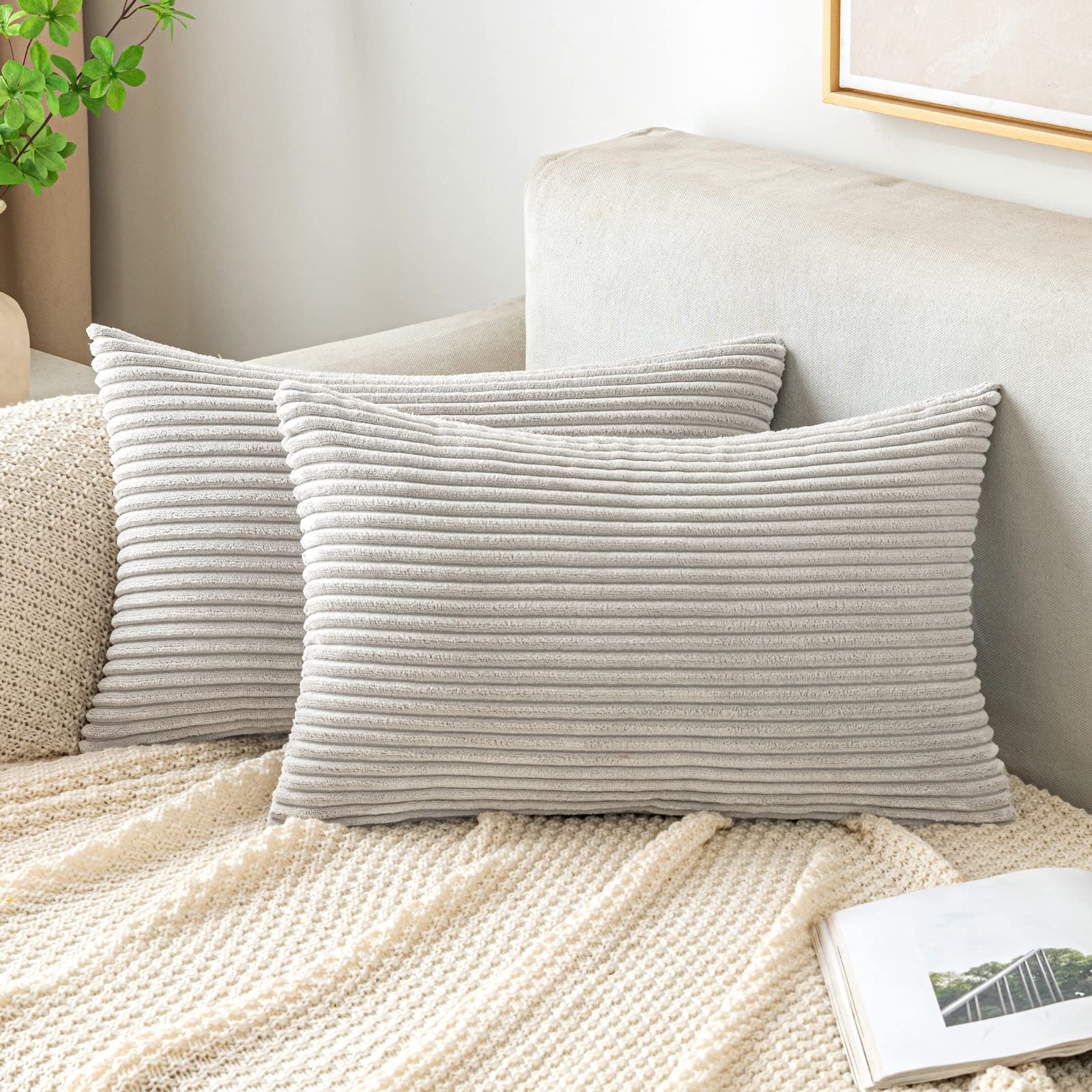 EMEMA Cushion Cover, 40 x 60 cm, Corduroy Cushion Covers, Decorative Sofa Cushion, Cord Cushion Cover, Decorative Soft Cushion Cover for Sofa, Living Room, Bedroom, Set of 2, Light Grey — image 1