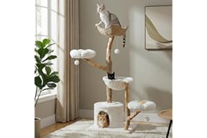 MUTTROS 59" Modern Cat Tree Tower for Large Cats w/2 Flower Perches-Natural Solid Wood Scratching Post with Real Branch-Luxury Boho Cat Furniture w/Condo & Wicker Basket Bed, Cloud White