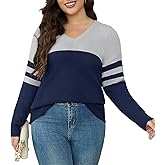 Womens Plus Size V Neck Sweaters Knit Long Sleeve Color Block Lightweight Warm Sweatshirt Pullover Tops Fall Winter Sweater