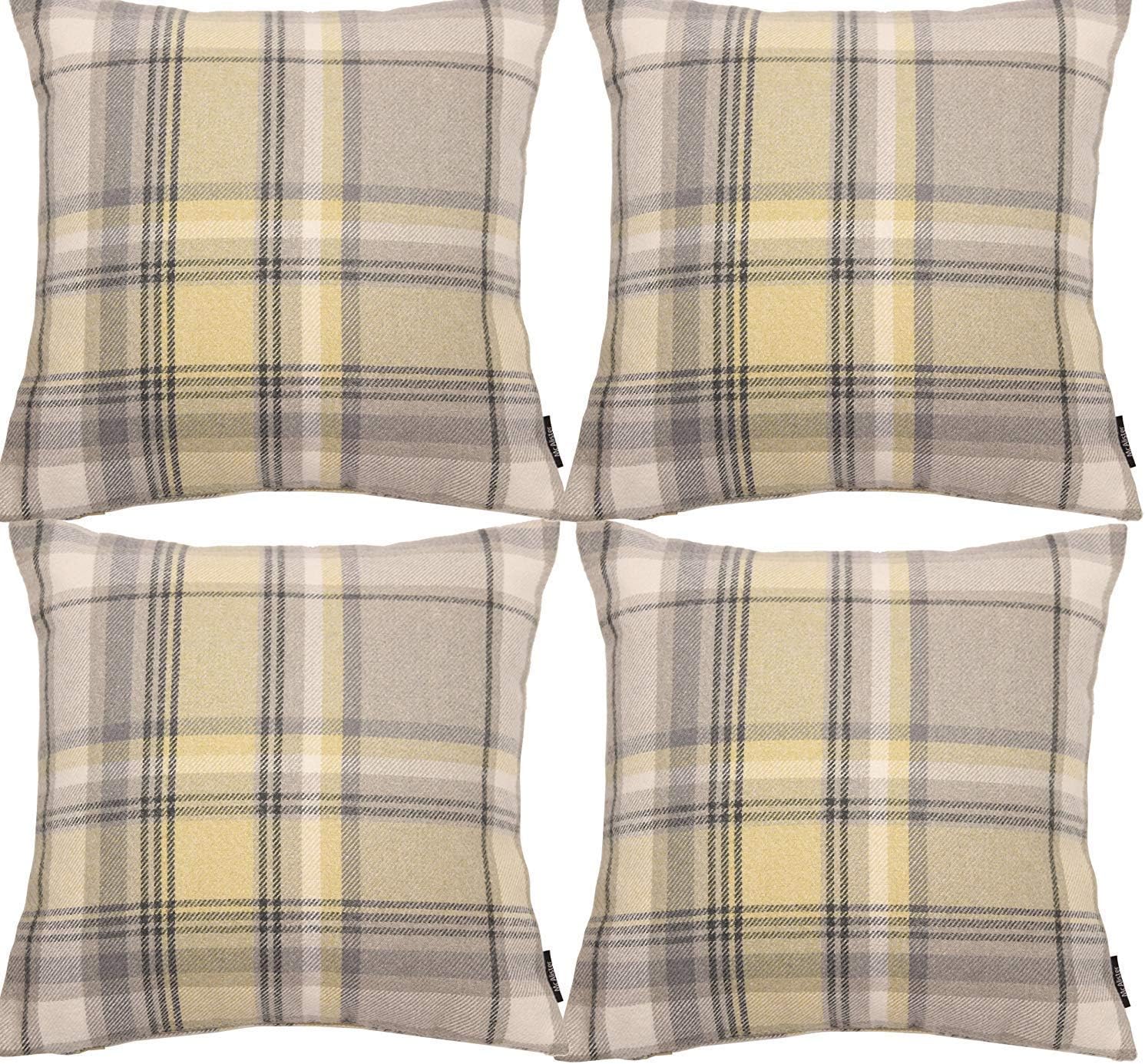 McAlister Textiles Heritage Tartan Yellow + Grey Set of 4 Cushion