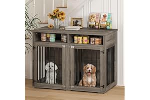 REVOMINCA Furniture Dog Crate for Two Dogs, 41 Inch Furniture Style Dog Kennel with Removable Divider and Thickened Desktop, Heavy-Duty Base for Small to Medium Dogs, Grey