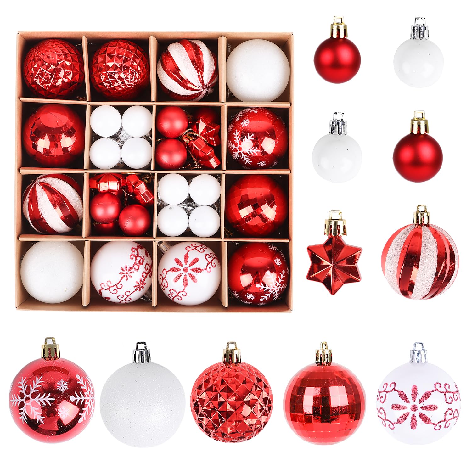 ZALAON 44 Pcs Christmas Ball Ornaments, 1.2/2.3 Inch Red White Christmas Baubles Christmas Tree Hanging Ball Set for Xmas Party Indoor Outdoor Decorations