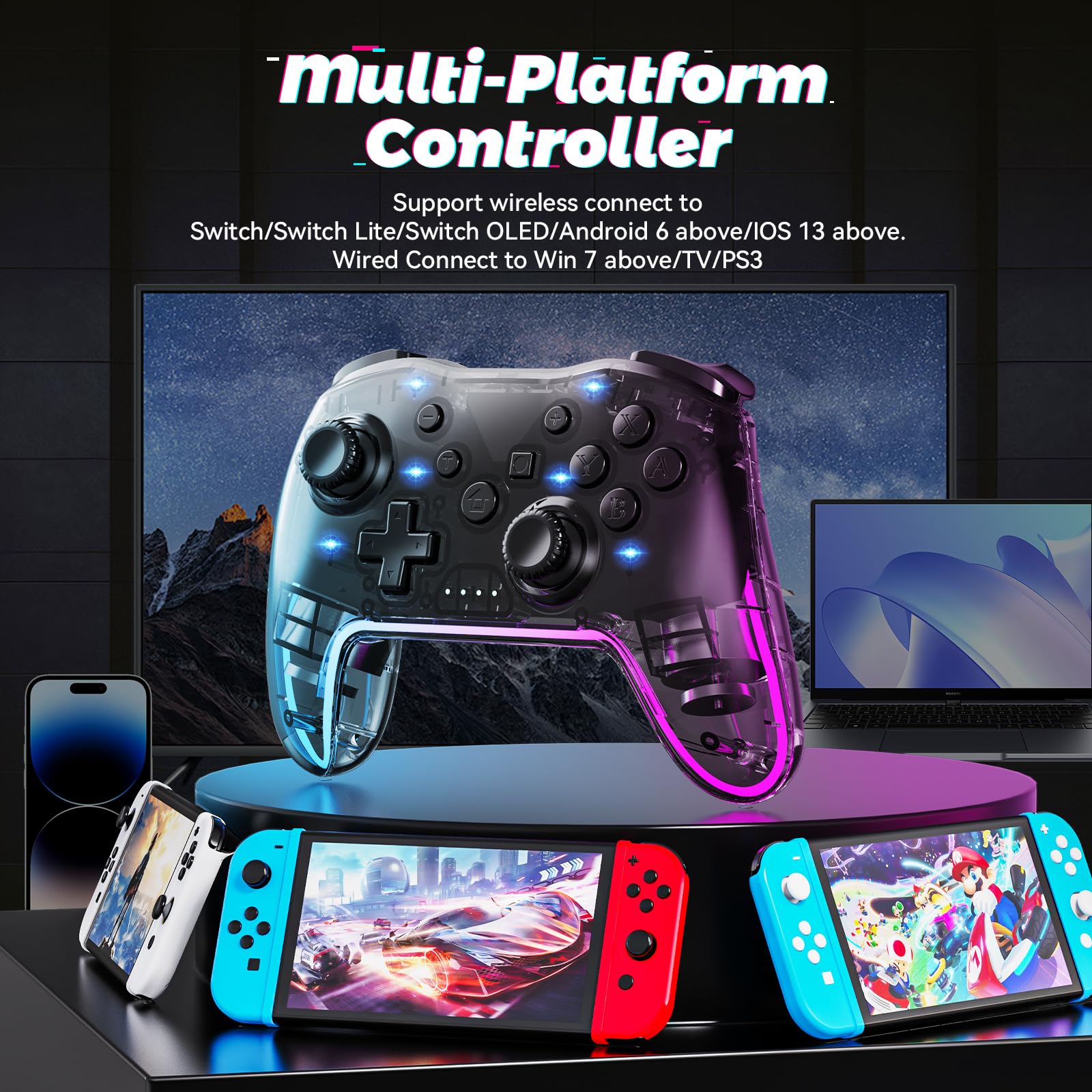 Twylyte Wireless Controller for Switch/Lite/OLED & PC/iOS/Android, RGB Backlight with 7 Colors, Adjustable Turbo & Vibration, One-Button Wake-Up, Ergonomic Design for Switch/PC/Mobile Gaming